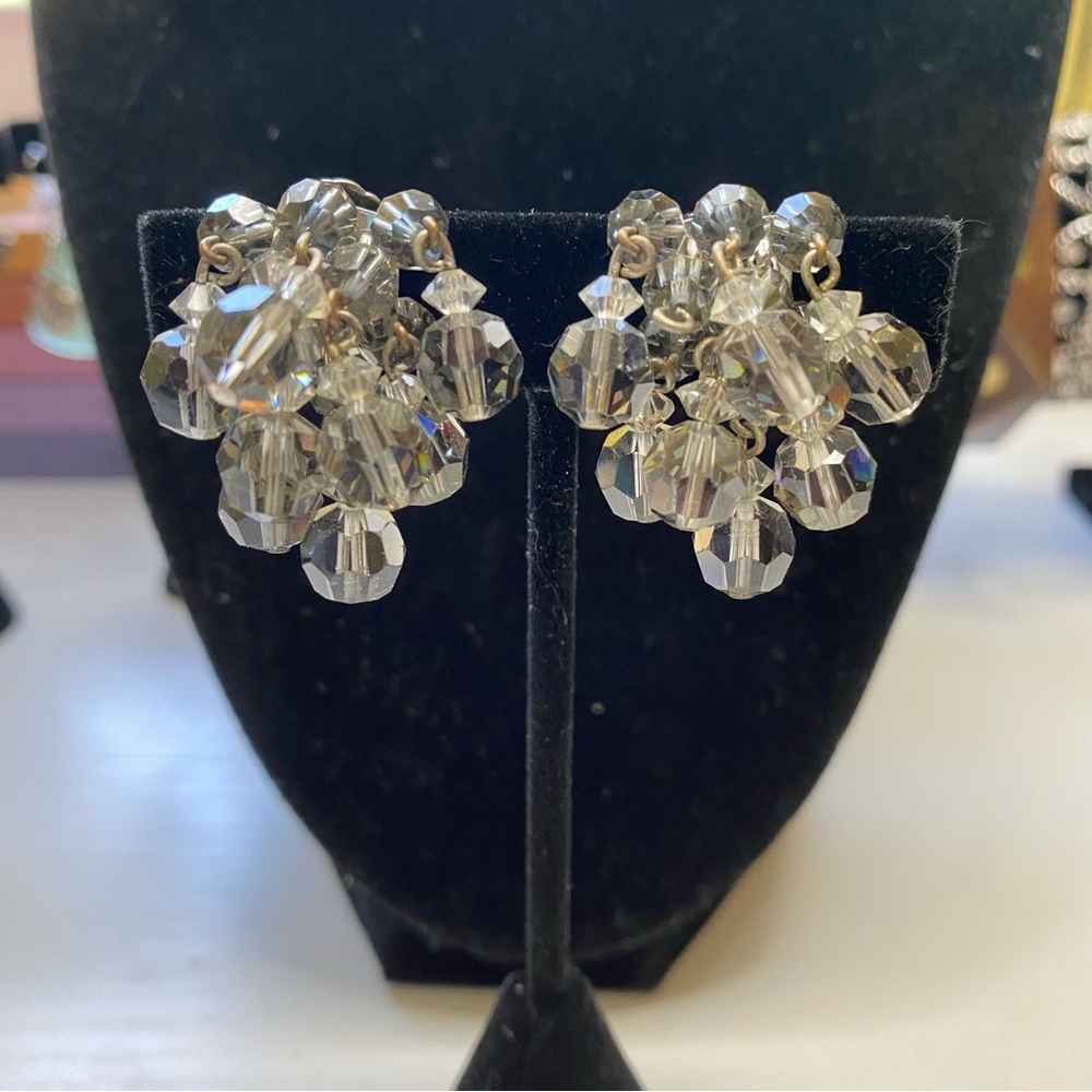 Vintage Gray & Clear Crystal Clip On Earrings